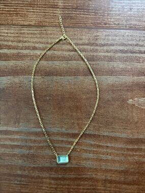 Gold Box Chain Necklace with Light Blue Rectangular Gem Adjustable 16-18 inch